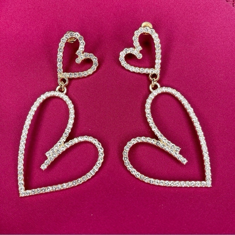 Gold Rhinestone Double Love Heart Drop Dangle Earrings Nwt - Picture 3 of 8